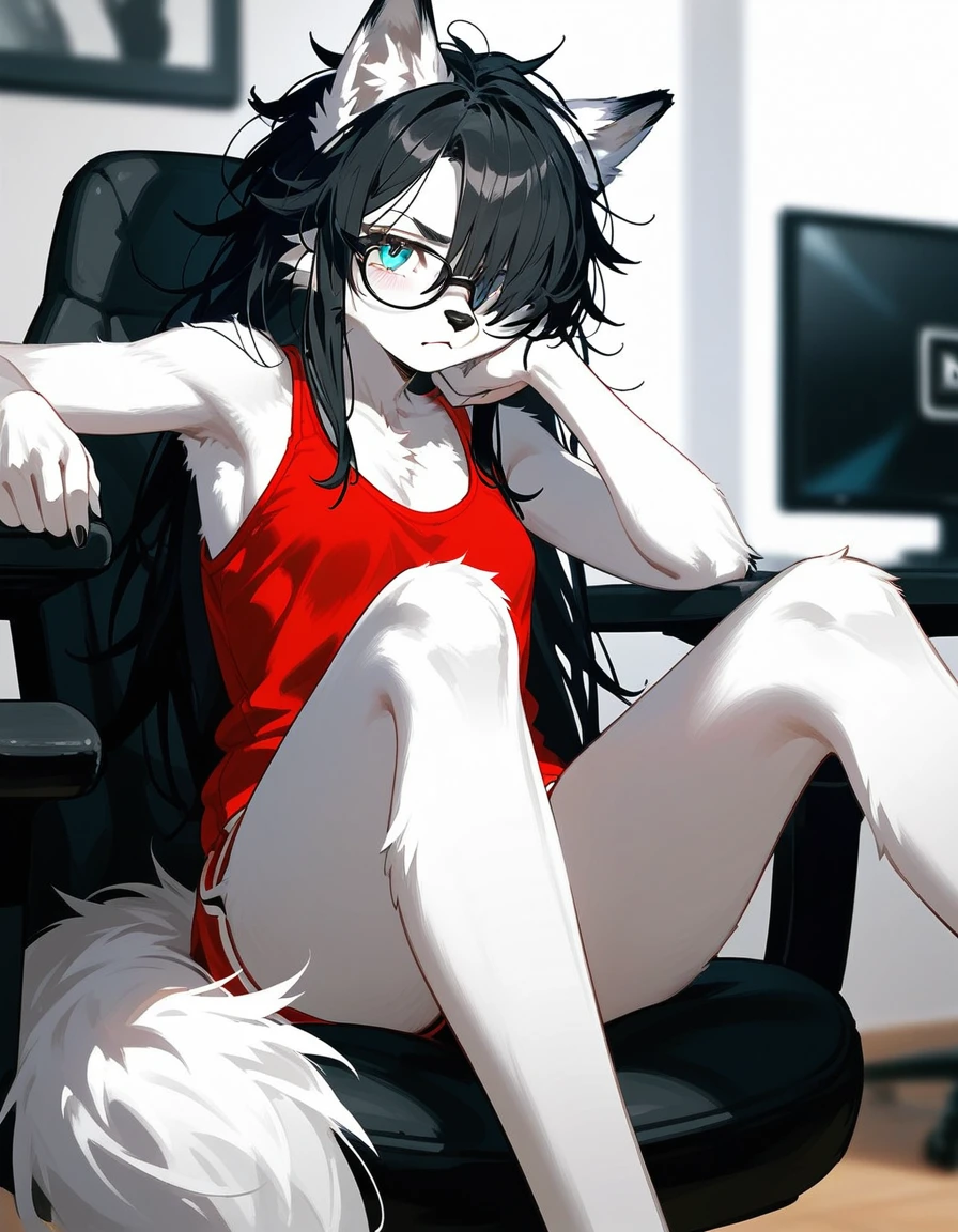 Solo, score_9,score_8_up,score_7_up, a young nerdy Anthro furry wolf woman, white furry body, tall, awkward, long black messy hair, hair covering one eye, long black hair, blue eyes, black glasses, small breasts, white wolf tail, wearing red tank top, bored expression, sitting on a gamer ch air, legs crossed, 4 toes