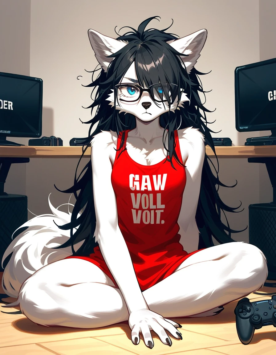 Solo, score_9,score_8_up,score_7_up, a young nerdy Anthro furry wolf woman, white furry body, tall, awkward, long black messy hair, hair covering one eye, long black hair, blue eyes, black glasses, small breasts, white wolf tail, wearing red tank top, bored expression, sitting on a gamer ch air, legs crossed, 4 toes