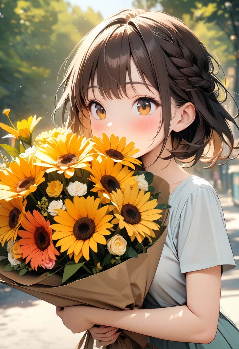 (Best picture quality, 4K, High Definition, Masterpiece Level: 1.2), Extra Fine, Watase Seizo Style, Yellow Flowers, Gerbera Bouquet, Girl.