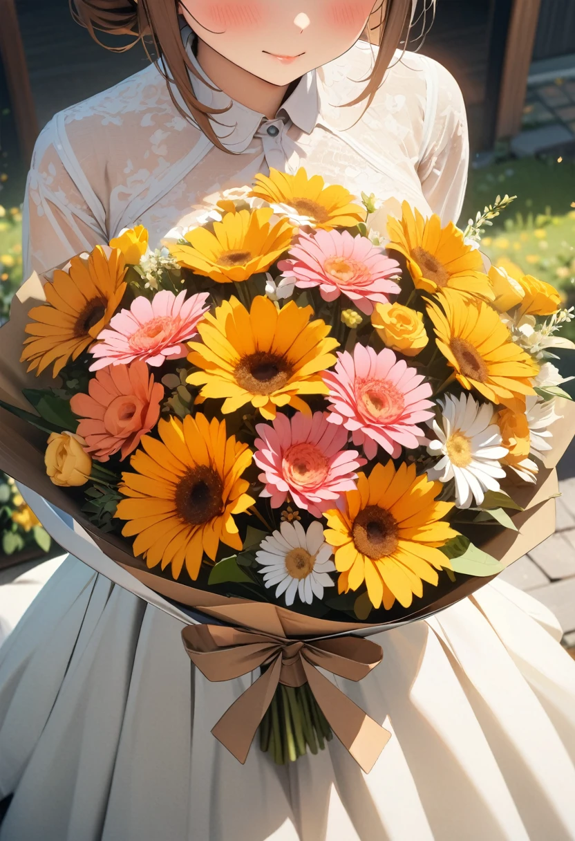 (Best picture quality, 4K, High Definition, Masterpiece Level: 1.2), Extra Fine, Watase Seizo Style, Yellow Flowers, Gerbera Bouquet, Girl.