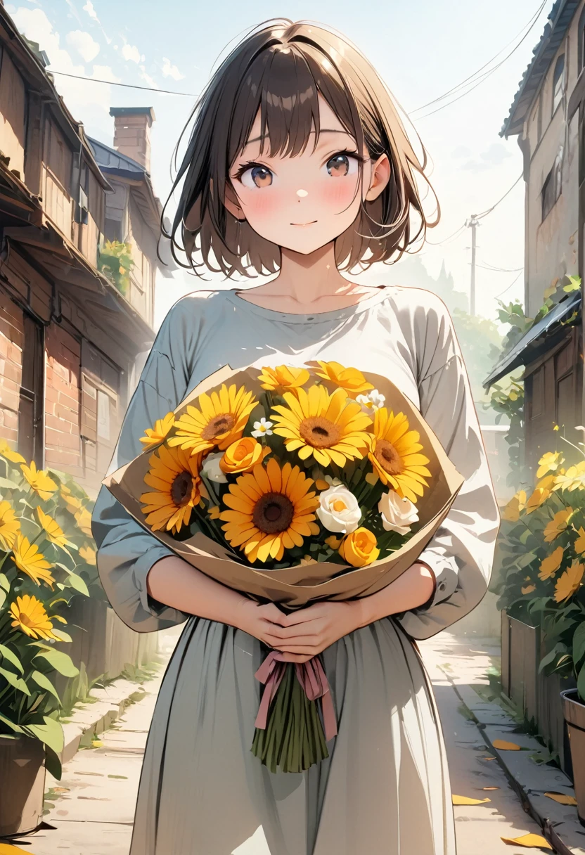 (Best picture quality, 4K, High Definition, Masterpiece Level: 1.2), Extra Fine, Watase Seizo Style, Yellow Flowers, Gerbera Bouquet, Girl.