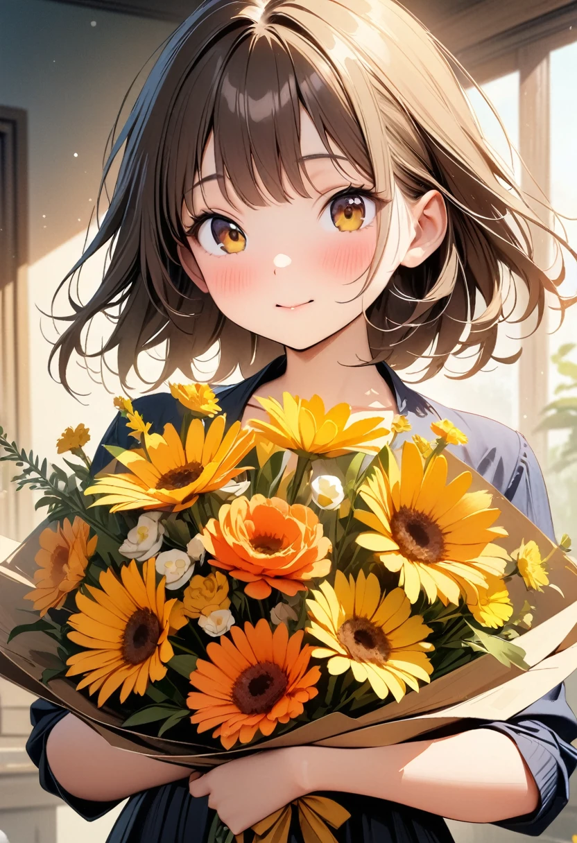 (Best picture quality, 4K, High Definition, Masterpiece Level: 1.2), Extra Fine, Watase Seizo Style, Yellow Flowers, Gerbera Bouquet, Girl.