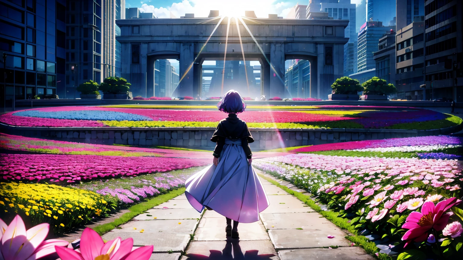 A vibrant flower blooms on the dirty ground of a large gray avenue. A crowd of gray, soulless people crosses the streets. A colorful , shining with bright tones, stands protectively over the flower, protecting her with his little hands and determined eyes. Sunlight breaks through the dark clouds. 