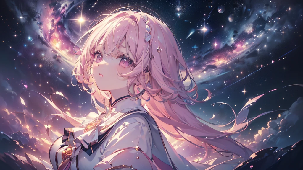 (((Highest quality、masterpiece、Ultra-fine、Ultra-fine、Exquisite、16K、Full HD,high school girl,))) 、 (((Looking up))) 、Dark Eyes、Long eyelashes、White skin、(Pale pink lips、Pale pink cheeks、thin and long)、 ((cute)) ((One person)) 、 、Wide Shot、Space galaxy background、(A magnificent composition、epic proportion)、Dynamic lighting、