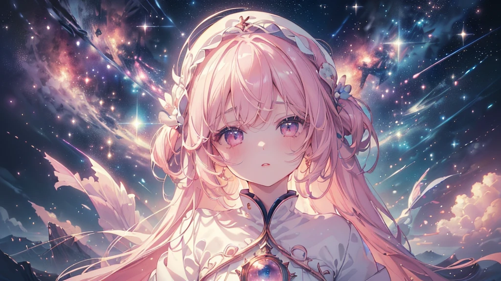 (((Highest quality、masterpiece、Ultra-fine、Ultra-fine、Exquisite、16K、Full HD,high school girl,))) 、 (((Looking up))) 、Dark Eyes、Long eyelashes、White skin、(Pale pink lips、Pale pink cheeks、thin and long)、 ((cute)) ((One person)) 、 、Wide Shot、Space galaxy background、(A magnificent composition、epic proportion)、Dynamic lighting、