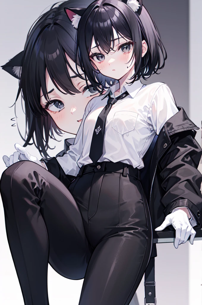 18-year-old Shota,cute,Wear a white long-sleeved shirt and a black work tie,Wear black pants,Wear black booties,Wear white gloves,wear cat ear,Black hair,Black eyes,Very thin legs,The waist is very thin,blush,sweat,Fear,Unwilling,comfortable,porn,close-up photo