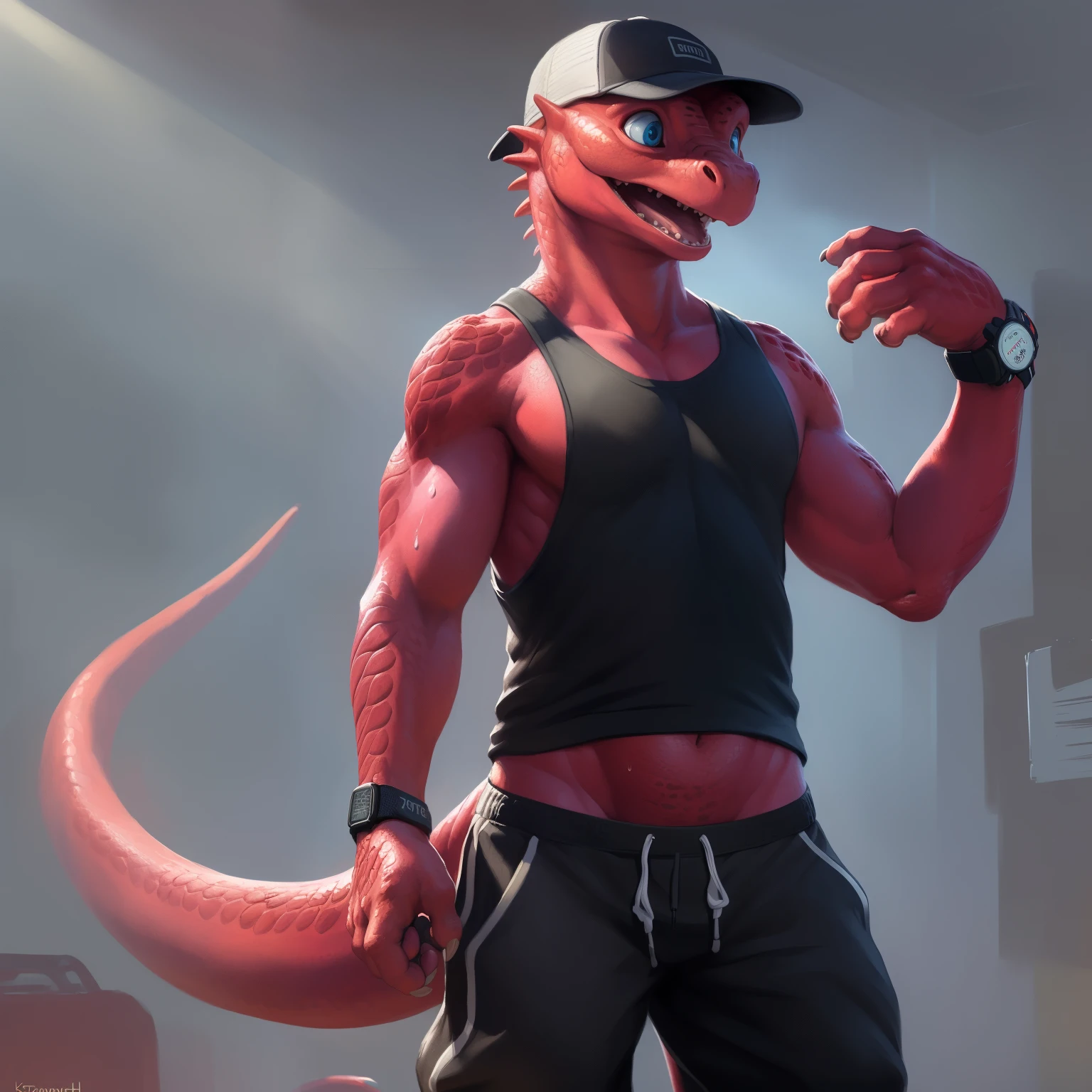 solo:1.3, simple background, simple grey background:1.6, 8k, fine details, (ultra detailed), a beautiful and detailed full size portrait of a female anthro salamander (((pink body, red skin, red scales))), blue eyes, lizard eyes, lizard tail, bedroom eyes, High Dynamic Range, detailed eyes, big body goddess, kenket, Ross Tran, ruan jia, vip, trending on artstation, foxovh, cenematic lighting, big breaths, big, (((black tank top, sweatpants, smartwatch, sports cap)) full body, ((shocked, surprised face, caught off guard)), front view, standing
