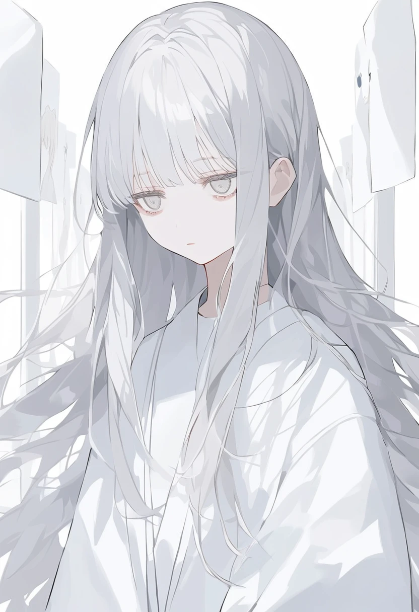 blank paper、Girl、Gray Hair、Long Hair、White eye color、All eyes are white、全体的に白いGirl、白いGirl、White background、白のGirl、White Room、blank paperのGirl、Emotionless、Expressionless