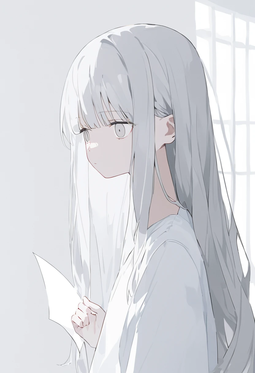 blank paper、Girl、Gray Hair、Long Hair、White eye color、All eyes are white、全体的に白いGirl、白いGirl、White background、白のGirl、White Room、blank paperのGirl、Emotionless、Expressionless