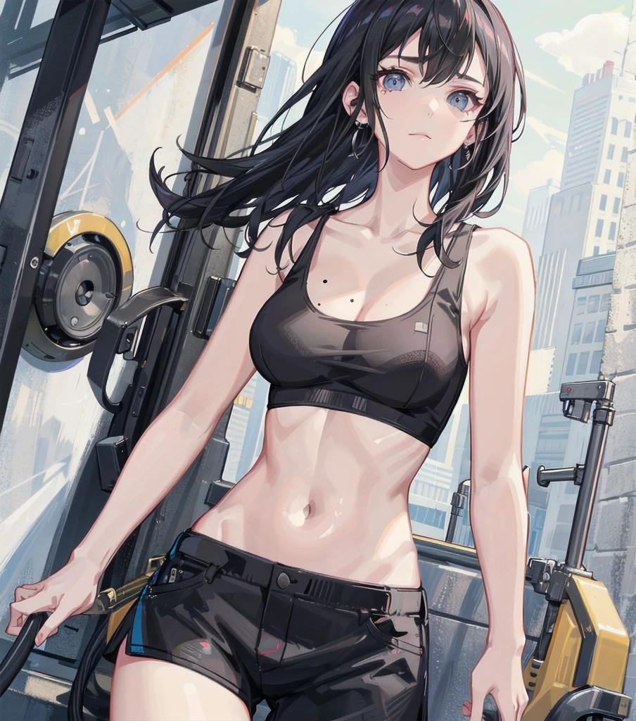 whole body, delicate facial features, medium tits, medium hair, black hair, tearful mole, earring, t-shirt, tank top, Hot Pants,