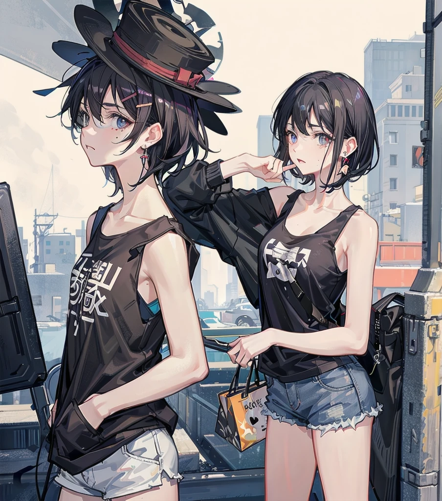 whole body, delicate facial features, medium tits, medium hair, black hair, tearful mole, earring, t-shirt, tank top, Hot Pants,