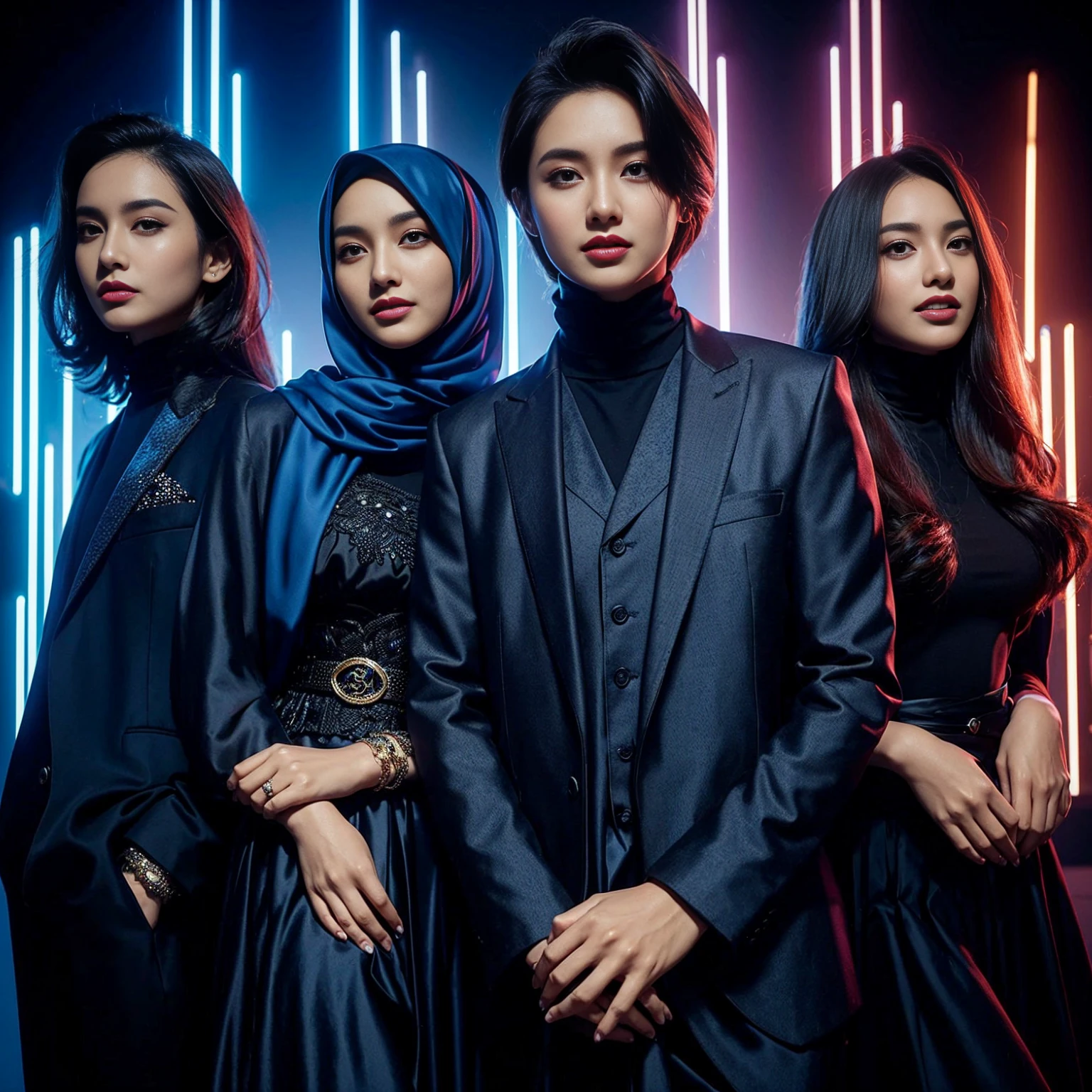 indonesian group cover, photo editor, creative design, close-up shot, must consisting of 4 people; one man with long hair, one man with short hair, one woman with a hijab, one woman with long hair, they wore matching dark blue glamour outfit, standing posing confidently facing the camera, they are smile, stylish, look like a movie scene, stunning abstract neon light photo editor's room background, Taken using Sony alpha α7CR full-frame, 1536px, photorealistic, high quality,