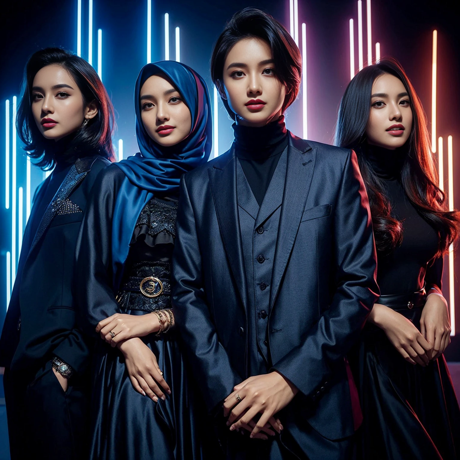 indonesian group cover, photo editor, creative design, close-up shot, must consisting of 4 people; one man with long hair, one man with short hair, one woman with a hijab, one woman with long hair, they wore matching dark blue glamour outfit, standing posing confidently facing the camera, they are smile, stylish, look like a movie scene, stunning abstract neon light photo editor's room background, Taken using Sony alpha α7CR full-frame, 1536px, photorealistic, high quality,