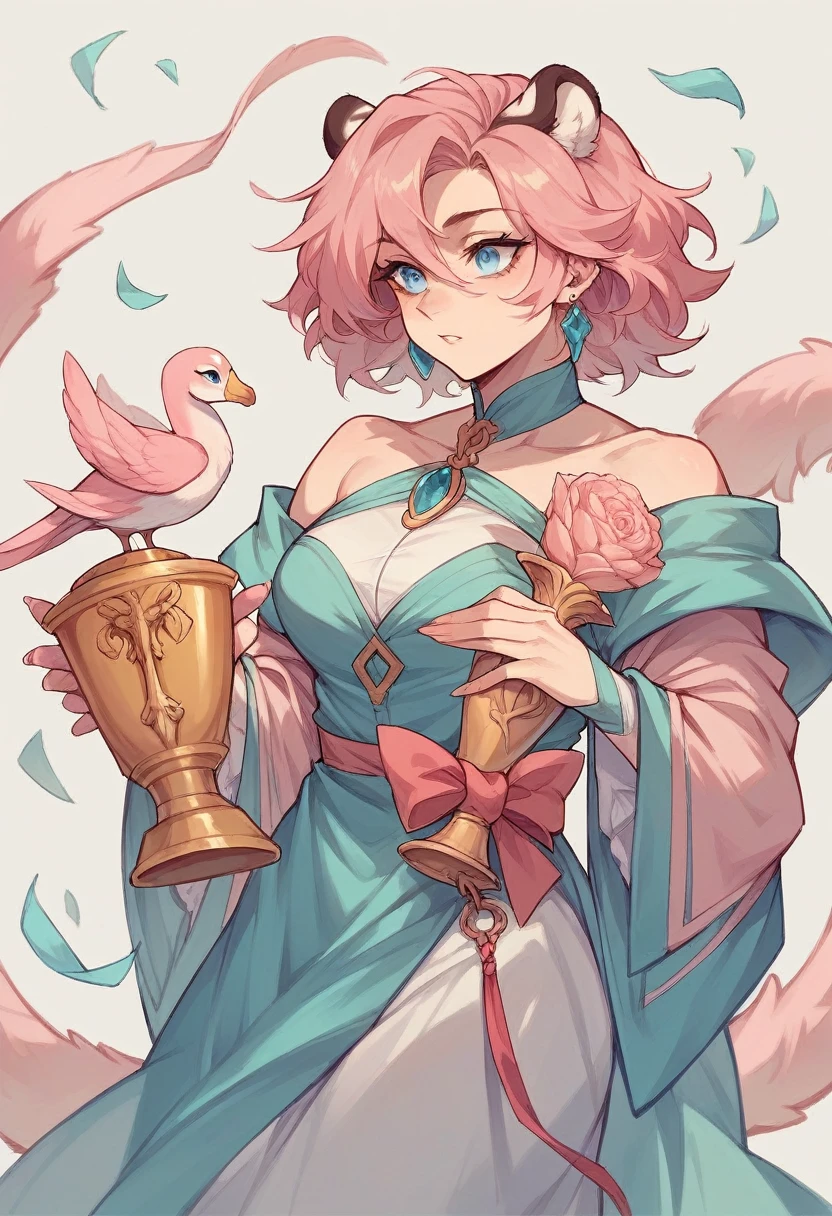 
A captivating and powerful image of a majestic white tiger, its piercing blue eyes and fearless demeanor commanding attention. The tiger sta
nds proudly on its hind legs, holding a first place trophy. And a pink flamingo crying next to him.