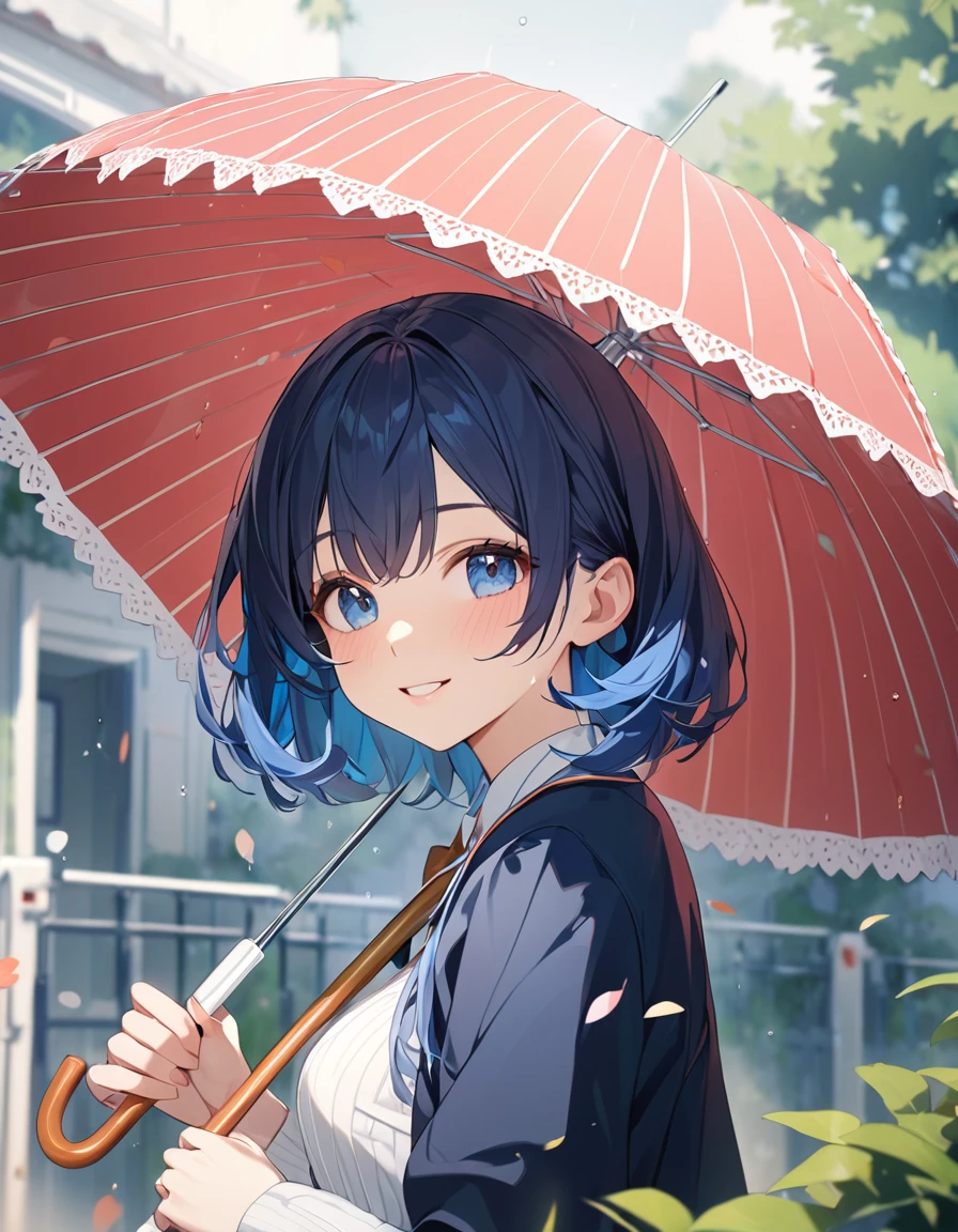 8K, Highest quality, masterpiece, Wallpapers by Unity 8K, Use an umbrella少女、rain模様、(Highest qualityのイラスト:1.2), (pretty girl:1.1), (1 girl、、Highest qualityのイラスト:1.2), (1 girl、smile、Beautiful breasts、Very detailedな目:1.2)、Bright blue hair、Short Bob Hair、(Highest quality、Very detailed、Very detailed and beautiful、Ultra-high resolution)form,{Dark Blue Blazer、White shirt、Blue Ribbon、White pleated skirt}
、throw、Soft focus ground bokeh、rain、Use an umbrella、smile
