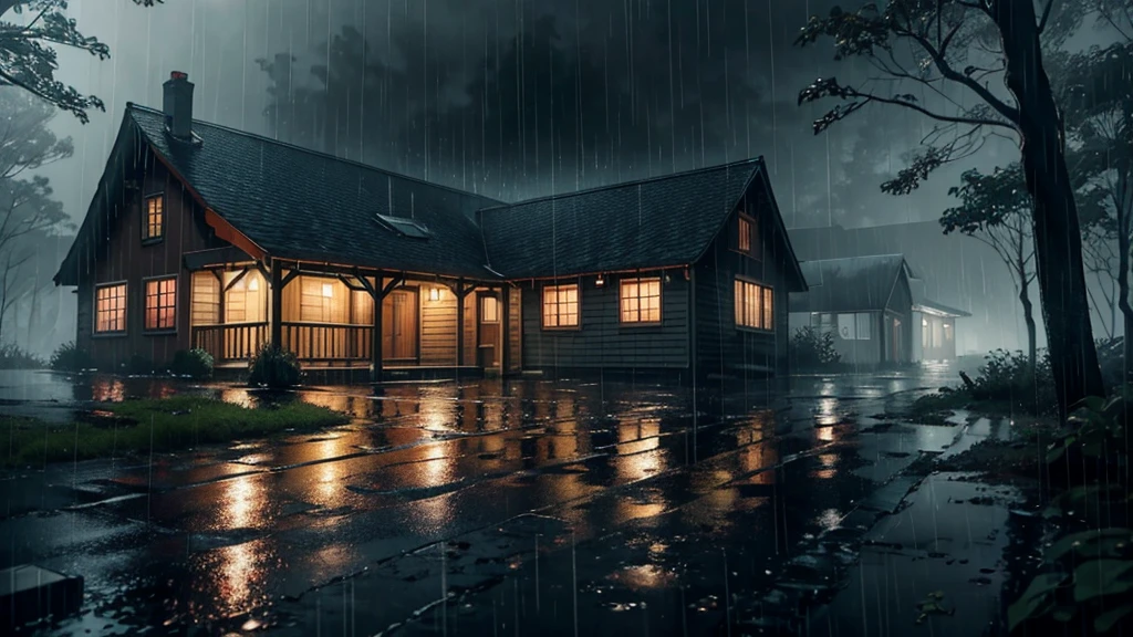there is a house in wood in the rain with a lot of rain on it, gloomy weather. hyperrealistic, rainy scene, at evening during rain, rainy day. game render, rainy evening, rainy night, raining at night, cryengine render 8 k, rain falling, unreal 6 breathtaking detailed, unreal engine realistic render, rain aesthetic, ultra realistic picture, rainy and gloomy atmosphere