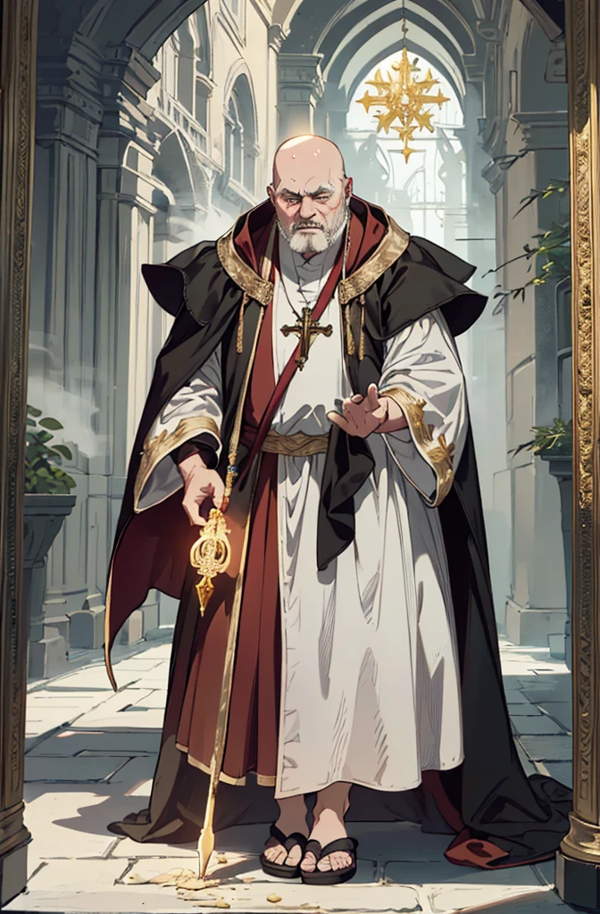 masterpiece, ultra detailed, 8K Portrait, Raw photo, man's portrait photography, full body, Highly detailed face, ((Fantasy)), 1 man, (fat man), Adult, 55 years old, (((((vulgar face))))), (((spooney face))), (((((pee odor old man))))), (((priest))), sticky short ((black)) hair, slightly bald, (((((white long cloak with gold accessory))))) Fluttering in the wind, (((dark red long robe))), leather sandal, ((equip a white long magic wand)), Midday Sun, Hyper realistic, lazy body, in the medieval adventurer's guild, Ambient lighting, Shadow details , Camera focus on face, strong breeze, Light fog,((night)),