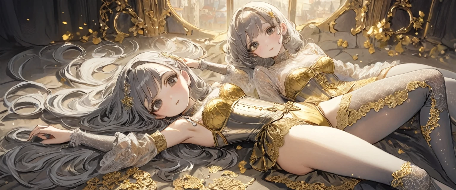 Girls in the Middle Ages、 Gold and silver embroidery、In underwear、Knee-length semi-transparent bloomers(With gold and silver lace)Wearing、Wearing a semi-transparent corset、 Grey translucent tights、Lying down