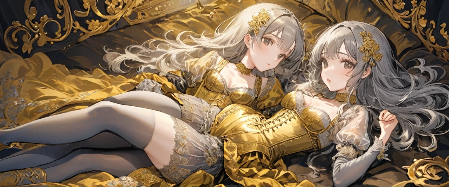 Girls in the Middle Ages、 Gold and silver embroidery、In underwear、Knee-length semi-transparent bloomers（With gold and silver lace）Wearing、Wearing a semi-transparent corset、 Grey translucent tights、Lying down