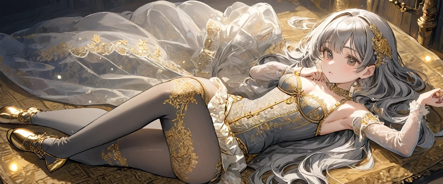 Girls in the Middle Ages、 Gold and silver embroidery、In underwear、Knee-length semi-transparent bloomers(With gold and silver lace)Wearing、Wearing a semi-transparent corset、 Grey translucent tights、Lying down