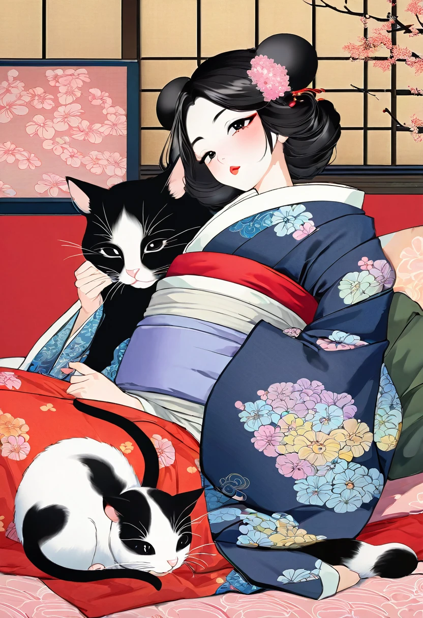 (utamaro style:1.2) , Hallucination, daydream , nightmare , Insane Dream , bokeh , erotica , romance , realistic mouse girl and realistic cat , kimono , futon , Petals fluttering down , Single eyelids, round nose, swollen cheeks