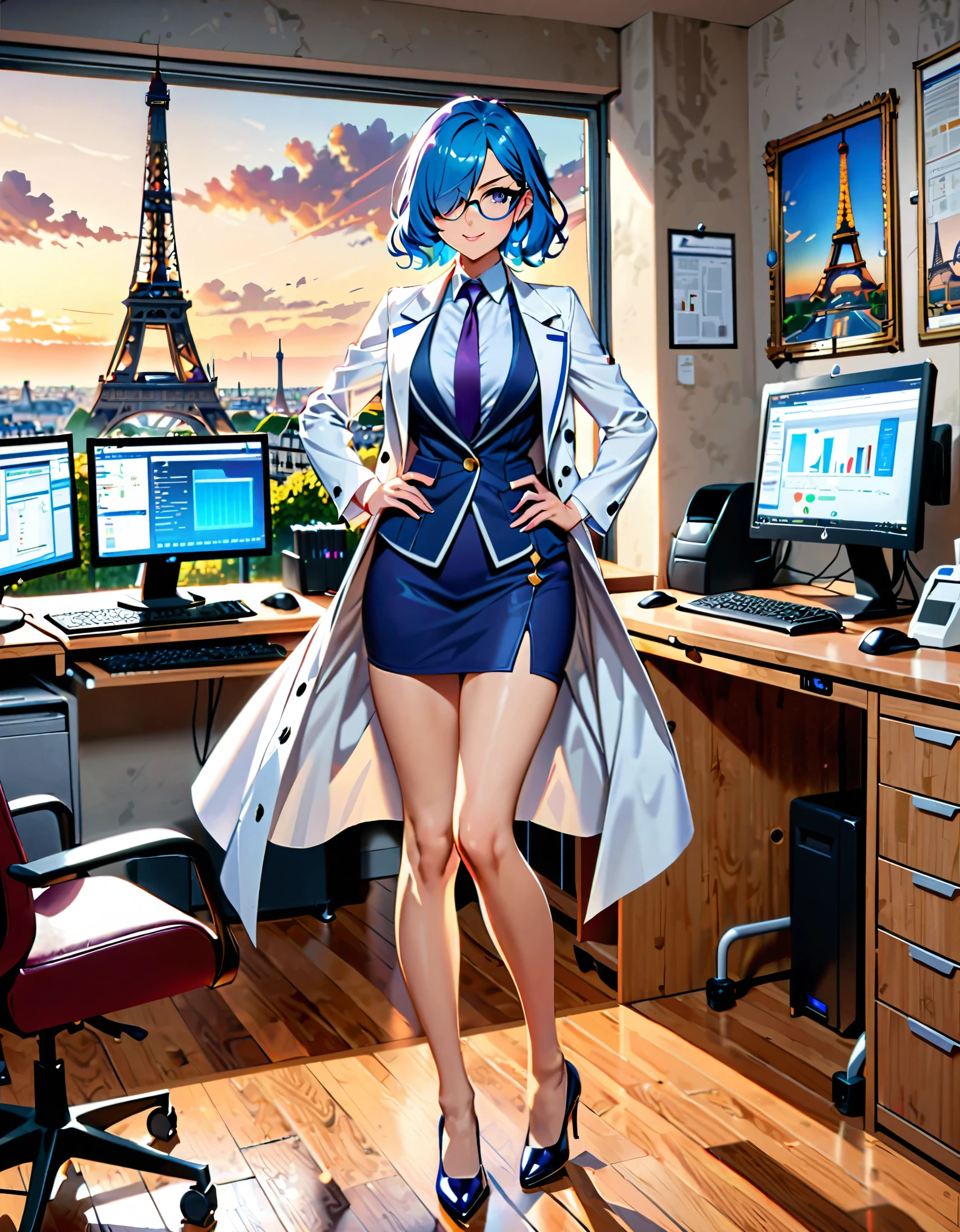 (masterpiece, best quality, high quality, highres:1.4), detailed, extremely detailed, ambient soft lighting, 4K, 1lady, solo, solo focus, beautiful french woman, perfect ???????, medium breasts, (white lab coat, blue suit and tie, matching skirt, pencil skirt, miniskirt, bare legs), (glasses), shoes, matching shoes, (perfect hands:1.2), blue hair, medium hair, (hair over one eye:1.3), purple eyes, beautiful detailed eyes, beautiful detailed face, full body. v-shaped eyebrows, smile, hand on hip, science laboratory backdrop, indoors, desktop computer, desk, chair, paris, eiffel tower, daytime. full body costume design.