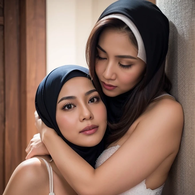 " Capture moments of passion, Lustful and intimacy: Two Hijab beautiful Indonesian MILF, Busty Body, Lesbian Scene, Deeply in love, Hug tightly, Share a passionate Hugging and groping Breast"