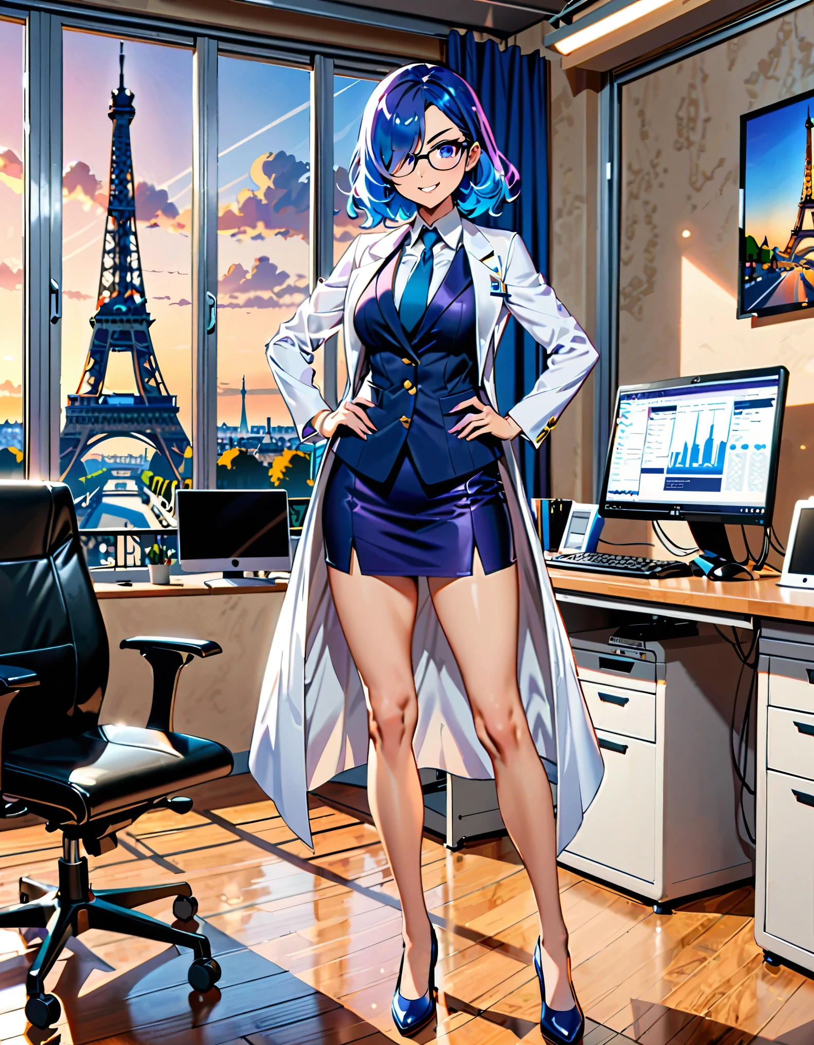 (masterpiece, best quality, high quality, highres:1.4), detailed, extremely detailed, ambient soft lighting, 4K, 1lady, solo, solo focus, beautiful french woman, perfect anatomy, medium breasts, (white lab coat, blue suit and tie, matching skirt, pencil skirt, miniskirt, bare legs), (glasses), shoes, matching shoes, (perfect hands:1.2), blue hair, medium hair, (hair over one eye:1.3), purple eyes, beautiful detailed eyes, beautiful detailed face, full body. v-shaped eyebrows, smile, hand on hip, science laboratory backdrop, indoors, desktop computer, desk, chair, paris, eiffel tower, daytime. full body costume design.