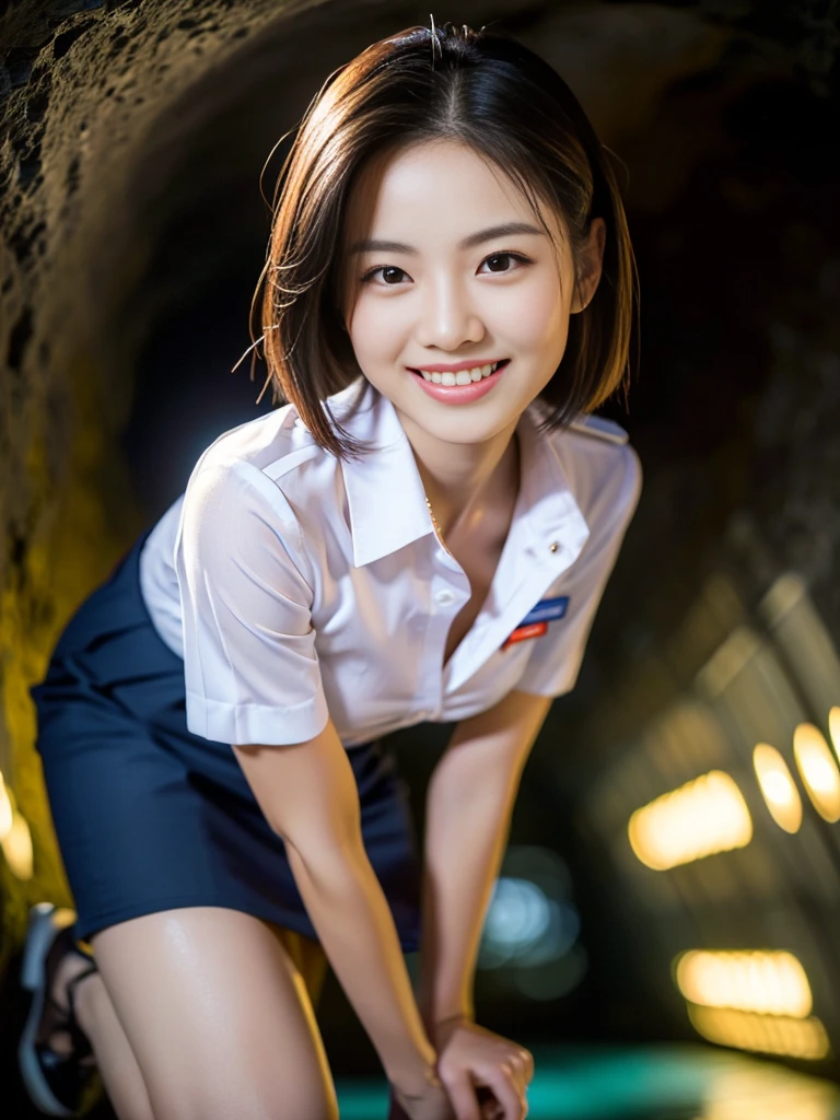 (a gorgeous lady, age 21, Flight Attendant uniform, Shenzhen Airlines Stewardess, wet white shirt, wet red mini-skirt, kneeling in a cave, dimpled smile, short ponytai hair, short bob hair, cute snaggleteeth, well-endowed round bosom, long flawless legs, photorealistic, beautiful detailed eyes, beautiful detailed face, hyper-realism, high contrast, ultra HD, realistic skin textures, top image quality, top-quality, super high resolution, fine details, very meticulously, close-up shot, head to thigh, romantic night, dark bokeh background)