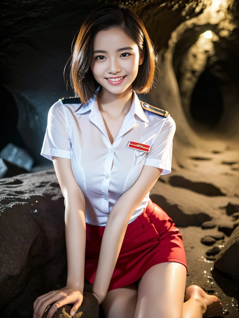 (a gorgeous lady, age 21, Flight Attendant uniform, Shenzhen Airlines Stewardess, wet white shirt, wet red mini-skirt, kneeling in a cave, dimpled smile, short ponytai hair, short bob hair, cute snaggleteeth, well-endowed round bosom, long flawless legs, photorealistic, beautiful detailed eyes, beautiful detailed face, hyper-realism, high contrast, ultra HD, realistic skin textures, top image quality, top-quality, super high resolution, fine details, very meticulously, close-up shot, head to thigh, romantic night, dark bokeh background)