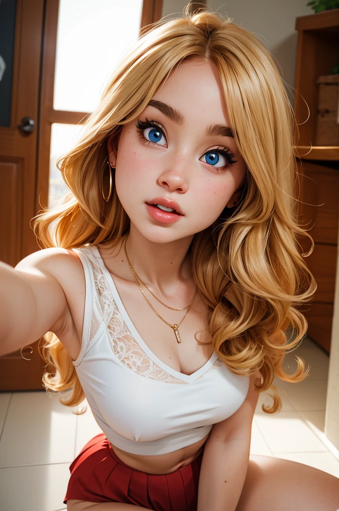 (Masterpiece, Professional lighting, 16k, 8k wallpaper, raw photo, photorealistic:1.8, ultra detailed, , slightly wide angle lens, natural lighting, detailed skin, detailed face, detailed eyes), 1 beautiful girl, selfie shot from above, full body image , long curly blond hair with bangs, necklace, blue eyes, sexy gaze inviting look, white top short red skirt