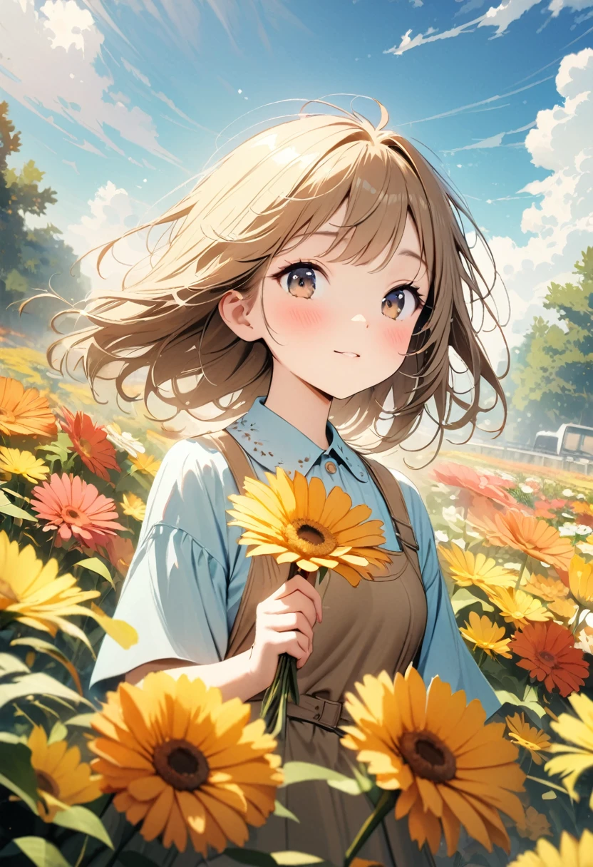 (Best picture quality, 4K, High Definition, Masterpiece level: 1.2), Extra Fine, Watase Seizo style, Yellow flowers, Gerbera, Flower garden, Girl, Blue sky, Cinematic.
