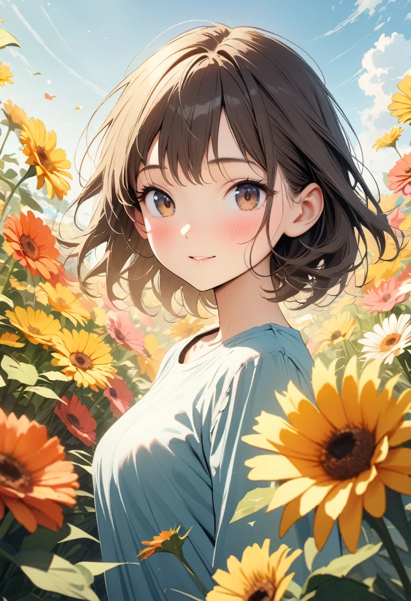 (Best picture quality, 4K, High Definition, Masterpiece level: 1.2), Extra Fine, Watase Seizo style, Yellow flowers, Gerbera, Flower garden, Girl, Blue sky, Cinematic.