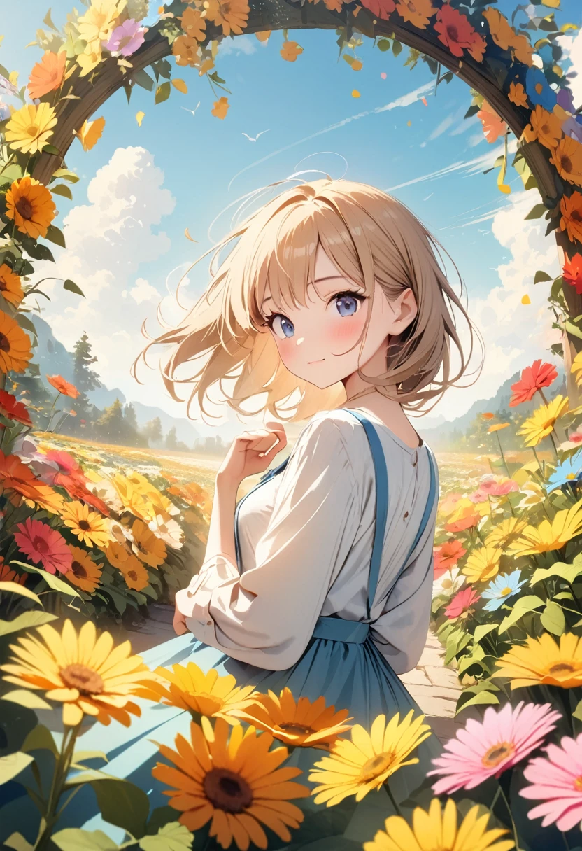 (Best picture quality, 4K, High Definition, Masterpiece level: 1.2), Extra Fine, Watase Seizo style, Yellow flowers, Gerbera, Flower garden, Girl, Blue sky, Cinematic.