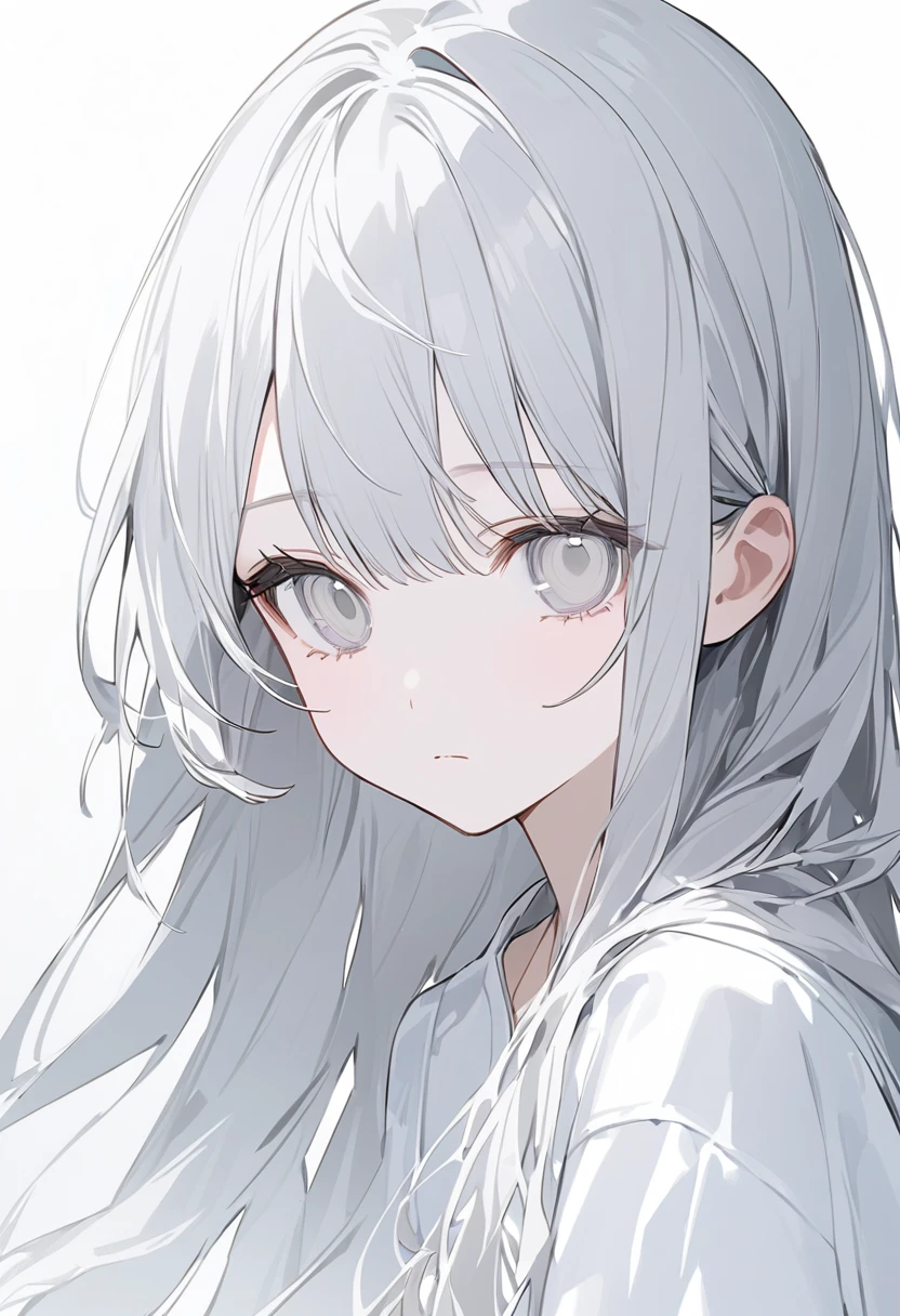 blank paper、Girl、Gray Hair、Long Hair、White eye color、All eyes are white、全体的に白いGirl、白いGirl、White background、白のGirl、White Room、blank paperのGirl、Emotionless、Expressionless