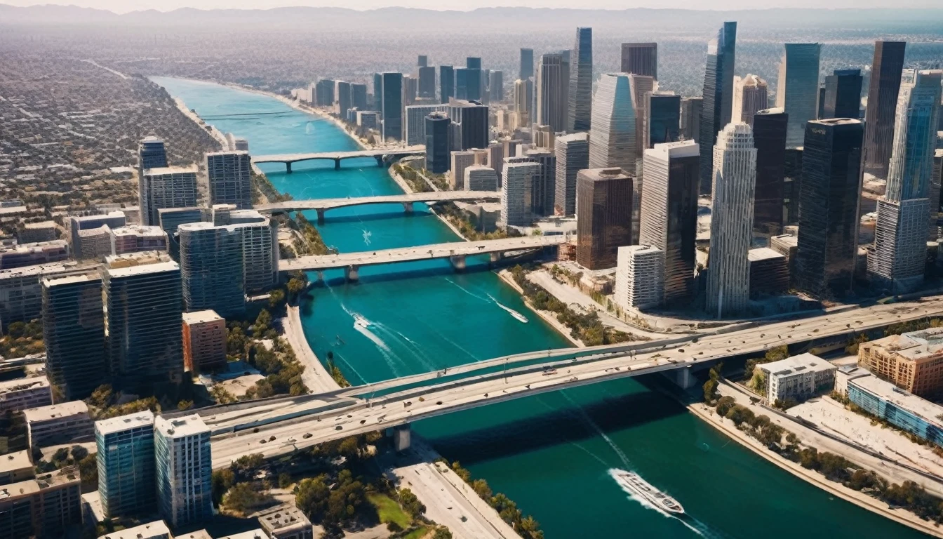 high angle view from above Los Angeles, California in 3060. The dysoptian city is divided by a river into two parts, futuristic cyberpunk styled megacity bridges connect the two parts, different styled buildings along the riverside. The crashing blue waters create white-tipped waves while the sun illuminates the shore. The futuristic cyberpunk styled city with many different colored materialed and shaped complex constructioned skyscrapers and bridges, bustling city with highly intricate details and photorealistic materials.natural lights, neutral colors, lomochrome, cool color tones, Consistent structure of the buildings, static environment, volumetric lighting, best shadows. Photorealistic Reflections on the water, realistic splashing waves, real water surface. This is a view that captures the raw beauty of the coast and the rugged landscape. Realism, Cinematic, Photoreal,Panavision 70s movie styled in color, celluloid, uhd, hdr, 4k, 35mm film