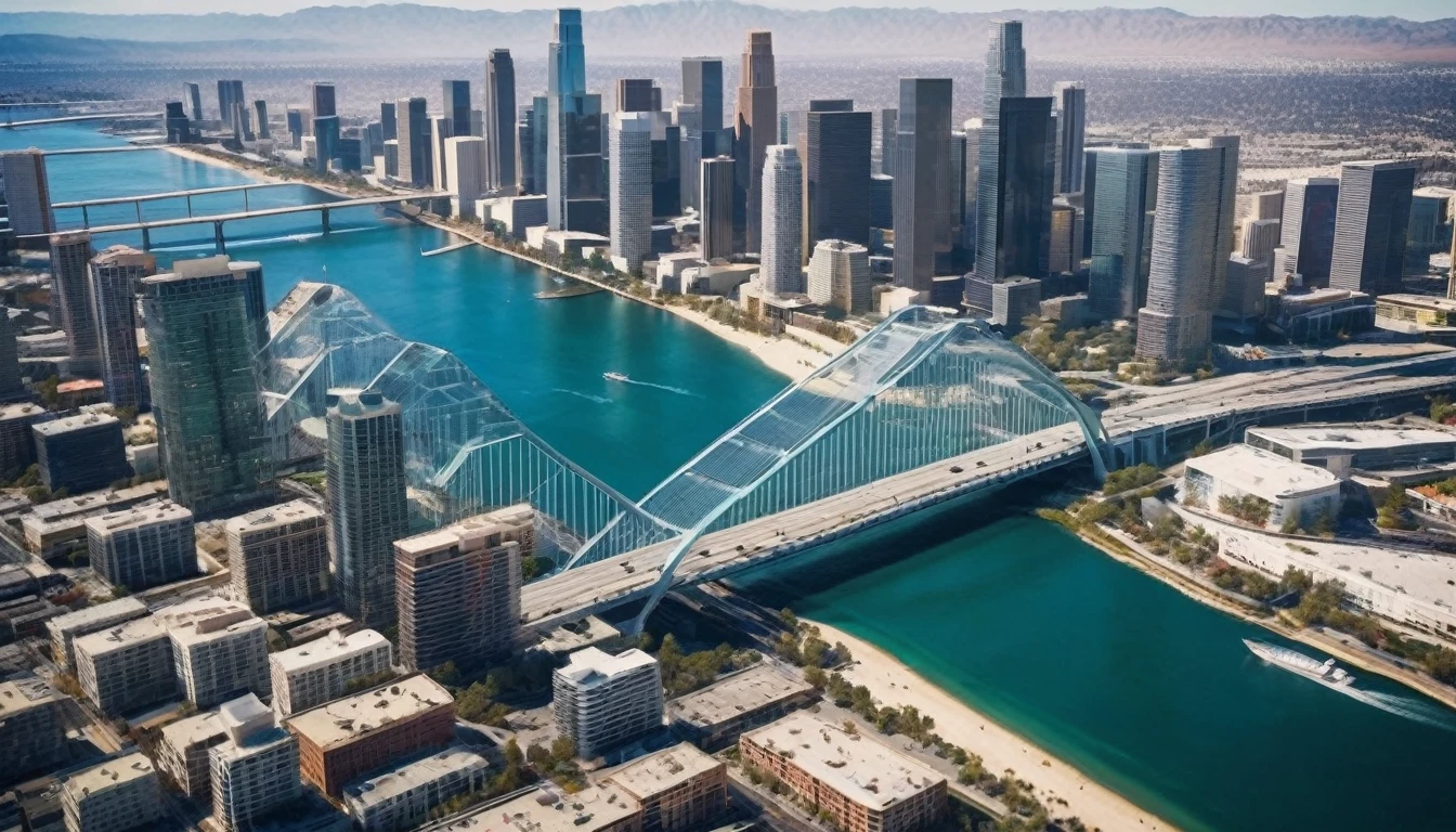 high angle view from above Los Angeles, California in 3060. The dysoptian city is divided by a river into two parts, futuristic cyberpunk styled megacity bridges connect the two parts, different styled buildings along the riverside. The crashing blue waters create white-tipped waves while the sun illuminates the shore. The futuristic cyberpunk styled city with many different colored materialed and shaped complex constructioned skyscrapers and bridges, bustling city with highly intricate details and photorealistic materials.natural lights, neutral colors, lomochrome, cool color tones, Consistent structure of the buildings, static environment, volumetric lighting, best shadows. Photorealistic Reflections on the water, realistic splashing waves, real water surface. This is a view that captures the raw beauty of the coast and the rugged landscape. Realism, Cinematic, Photoreal,Panavision 70s movie styled in color, celluloid, uhd, hdr, 4k, 35mm film