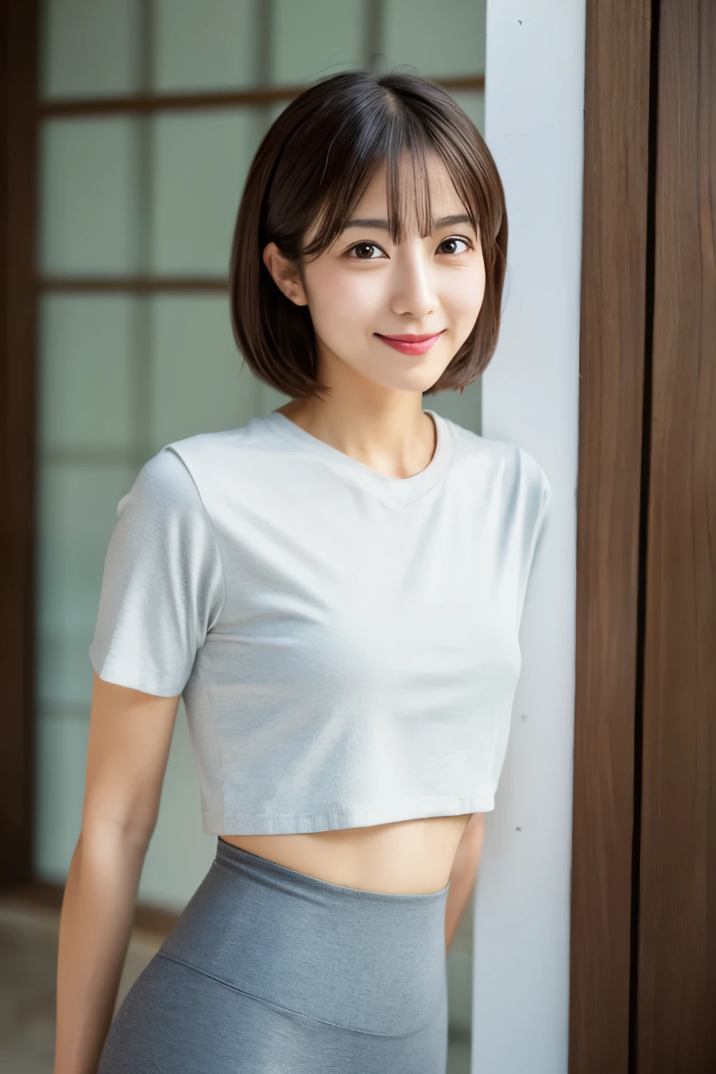 Skinny Japanese woman, age {30s|20s}, (detailed face), slight smile, (detailed eyes), {long|short} hair, slender shape, High-waisted cotton leggings, standing against a wall, Enhance quality, quality maintains, real professional photograph, award-winning portrait, masterpiece, 16K UHD, high detail full-body view