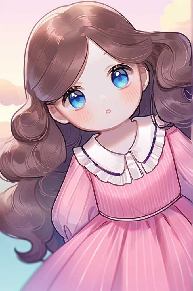 ((Лучшее качество)), ((шедевр)), (подробный), A 30-year-old girl with loose dark brown hair, blue eyes, white skin, slightly plump, in a bright pink dress.