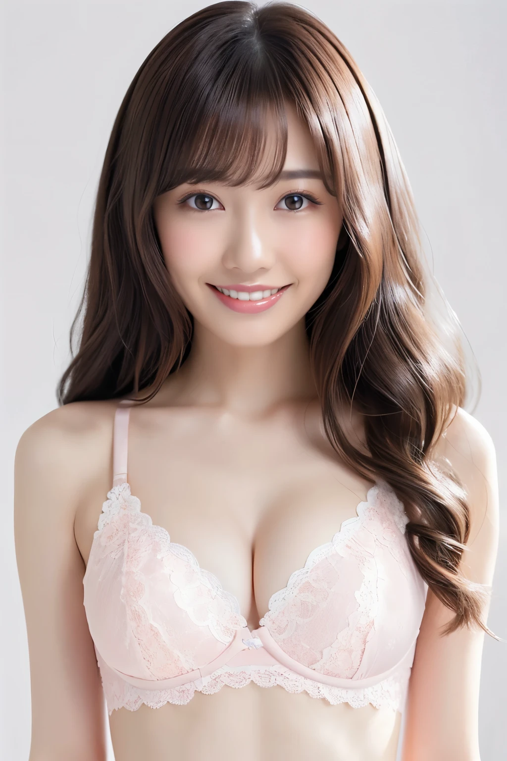 (Highest quality、Tabletop、8K、Best image quality)、Beautiful girl、(very long wavy hair:1.1)、Perfect Anatomy、Ultra-high resolution, Sparkling, Big eyes、(Very thin and slender figure:1.1)、(The skinniest and most scrawny body:1.1)、(Very small waist:1.1)、(Revealing girly light pink lace bra with cute embellishments:1.3)、(The biggest breasts ever, so big they might burst:1.3)、Cleavage、(The simplest solid white background:1.3)、(Brightest and most radiant skin:1.1)、The brightest and shiniest hair、Bright and shiny bra、(Very bright:1.2)、Perfect pretty makeup