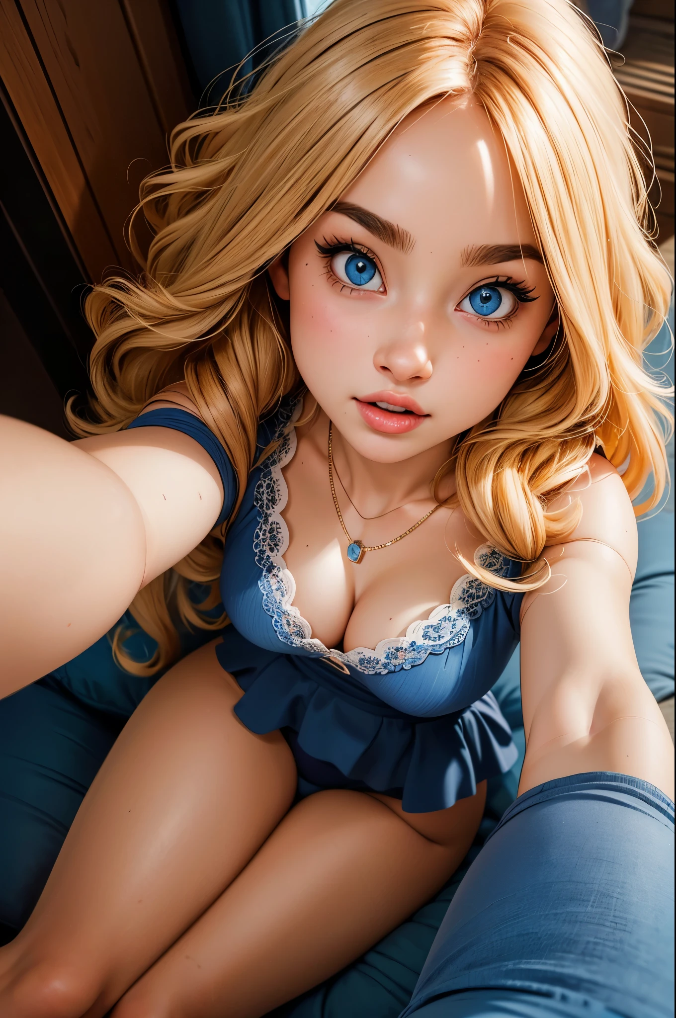 (Masterpiece, Professional lighting, 16k, 8k wallpaper, raw photo, photorealistic:1.8, ultra detailed, , slightly wide angle lens, natural  lighting, detailed skin, detailed face, detailed eyes), 1 beautiful girl, selfie shot from above, full body image , long curly blond hair with bangs,  necklace, blue eyes, sexy gaze inviting look