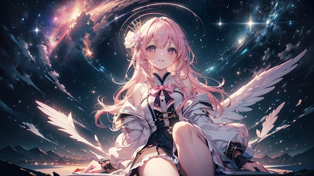 (((Highest quality、masterpiece、Ultra-fine、Ultra-fine、Exquisite、16K、Full HD,high school girl,))) 、Sitting,((The best smile)), (((Looking up)))) 、Dark Eyes、Long eyelashes、White skin、(Pale pink lips、Pale pink cheeks、thin and long)、 ((cute)) ((One person)) 、((Glare)) 、Wide Shot、Space galaxy background、(A magnificent composition、epic proportion)、Dynamic lighting、、