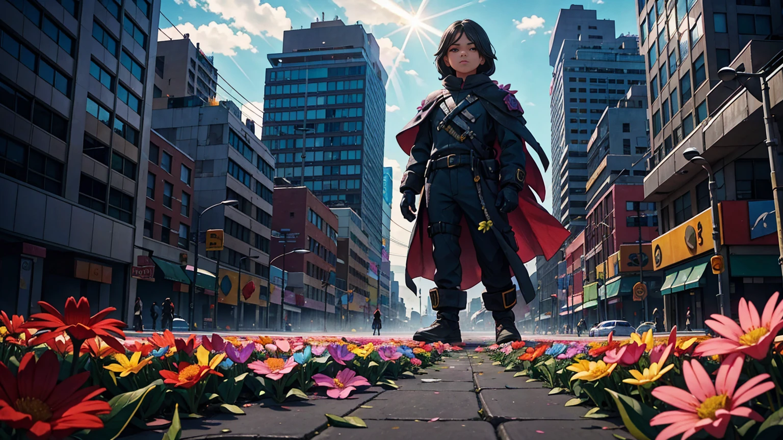 A vibrant flower blooms on the dirty ground of a large gray avenue. A crowd of gray, soulless people crosses the streets. A colorful , shining with bright tones, stands protectively over the flower, protecting her with his little hands and determined eyes. Sunlight breaks through the dark clouds. 