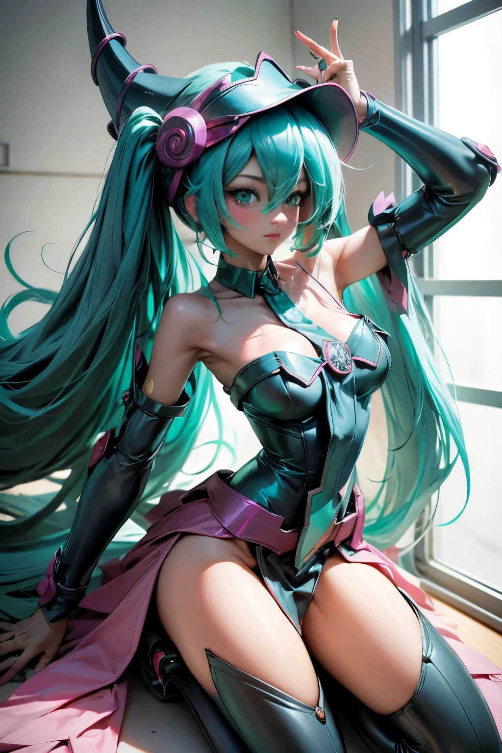 Hatsune Miku disguised as dark magician gils. Pose sexy y sensual. big boobs. dark magician gils costume