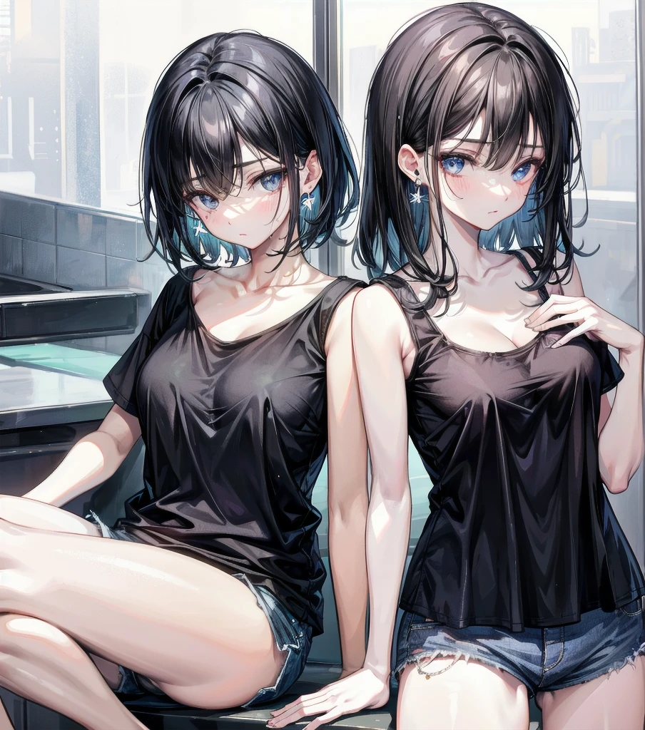 whole body, delicate facial features, medium tits, medium hair, black hair, tearful mole, earring, t-shirt, tank top, Hot Pants,