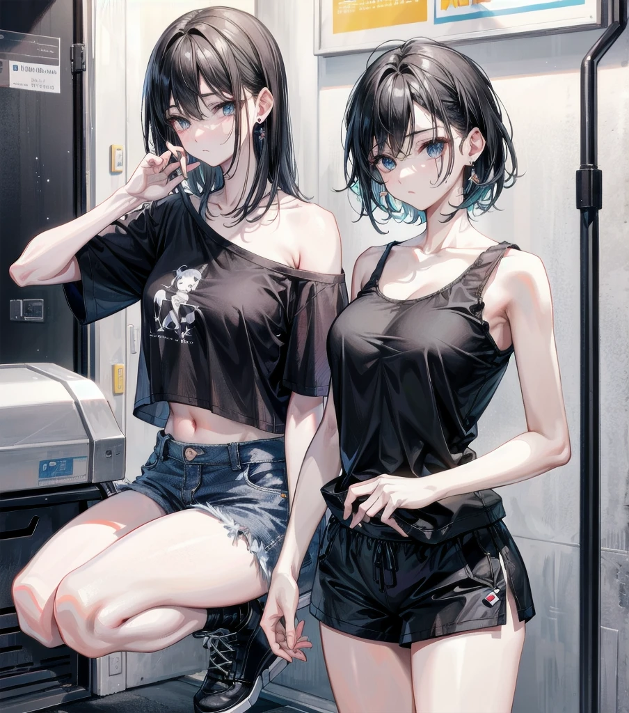 (full body), RAW photo, extremely delicate and beautiful, masterpiece, Best Quality, ultra high resolution, 16k, hyperrealistic, realistic, photorealistic, photo-realistic, ultra-detailed, detailed description, pale skin, in her 20s, very Slim body, narrow waist, very small head, very small face, delicate facial features, ((big tits)), medium hair, black hair, tearful mole, earring, t-shirt, tank top, Hot Pants,