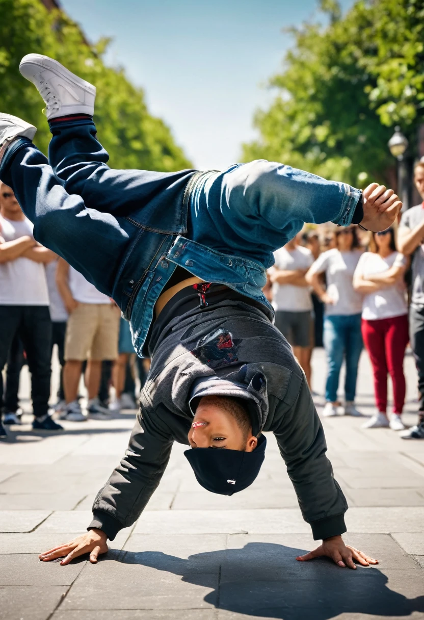 street breakdance battle, photorealistic, sunny weather, redbull, detailed clothing, photo realistic, stunning realistic photograph, highly detailed, sharp focus, hyper details, cinematic angle