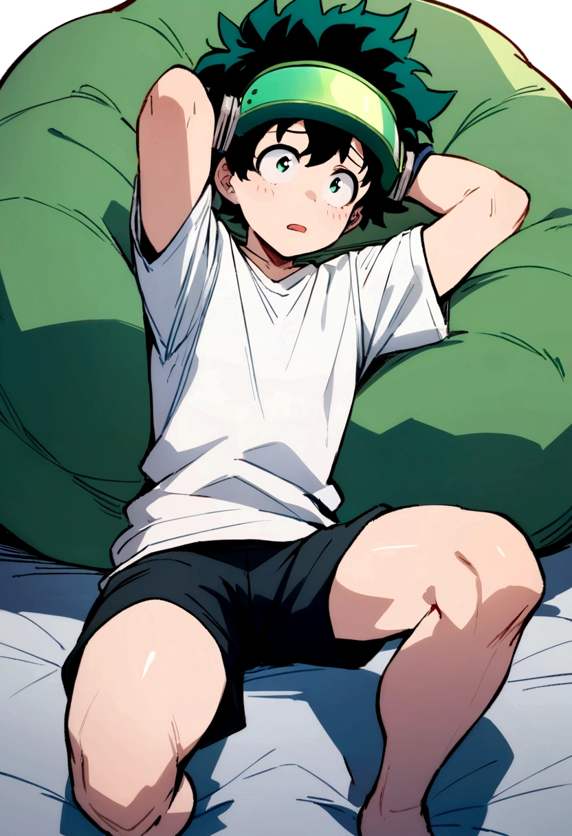 (masterpiece, best quality:1.2), solo, male focus, 1boy, midoriya izuku, short green hair, green eyes, white t-shirt, black shorts, green domed helmet with transparent visor over eyes, mind control device, blank expression, mouth hanging open, sitting in bean bag, sitting upright, arms hanging limply, anime style, my hero academia style, view from angle