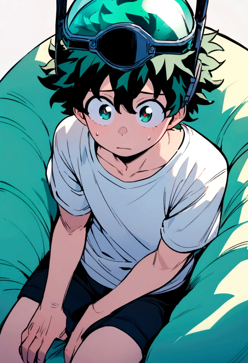 (masterpiece, best quality:1.2), solo, male focus, 1boy, midoriya izuku, short green hair, green eyes, white t-shirt, black shorts, green domed helmet with transparent visor over eyes, mind control device, blank expression, mouth hanging open, sitting in bean bag, sitting upright, arms hanging limply, anime style, my hero academia style, view from angle