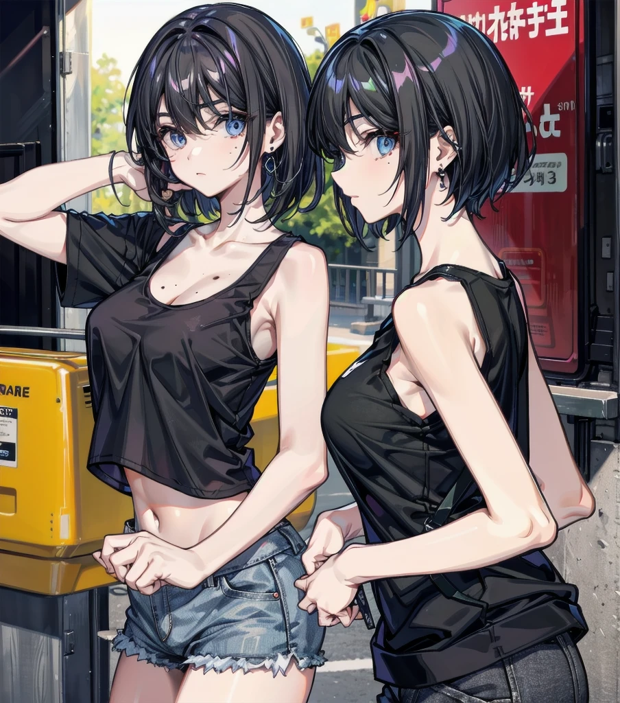 whole body, delicate facial features, medium tits, medium hair, black hair, tearful mole, earring, t-shirt, tank top, Hot Pants,